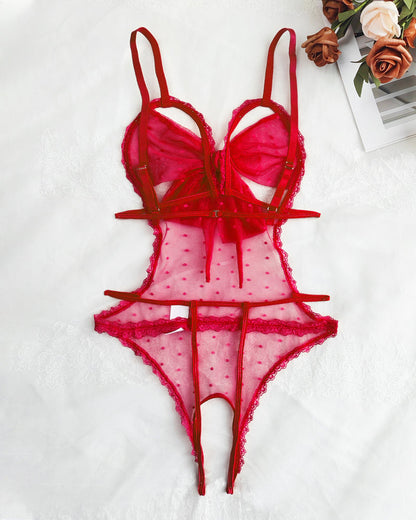 Sexy Floral Lace Bow Tie Open Crotch Hollow Polka Dot Mesh One-Piece Pajamas