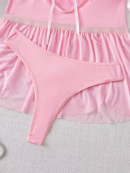 Elegant Pink Lace Off-Shoulder Lingerie Set with Garter & Gloves