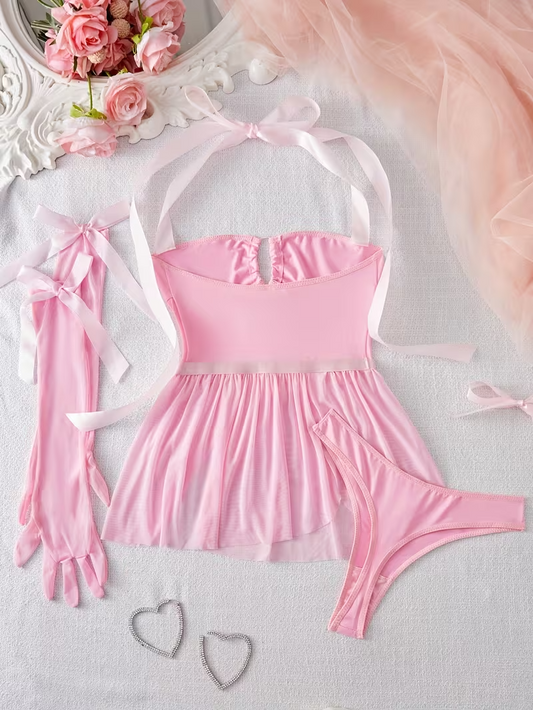 Elegant Pink Lace Off-Shoulder Lingerie Set with Garter & Gloves