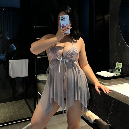 Sexy Butterfly Neckline Mesh Nightgown Set Mid-Length Home Clothes for Women