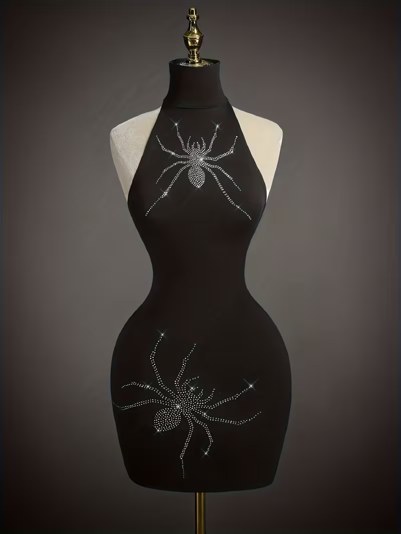 Y2K Rhinestone Backless Halter Neck Mini Dress