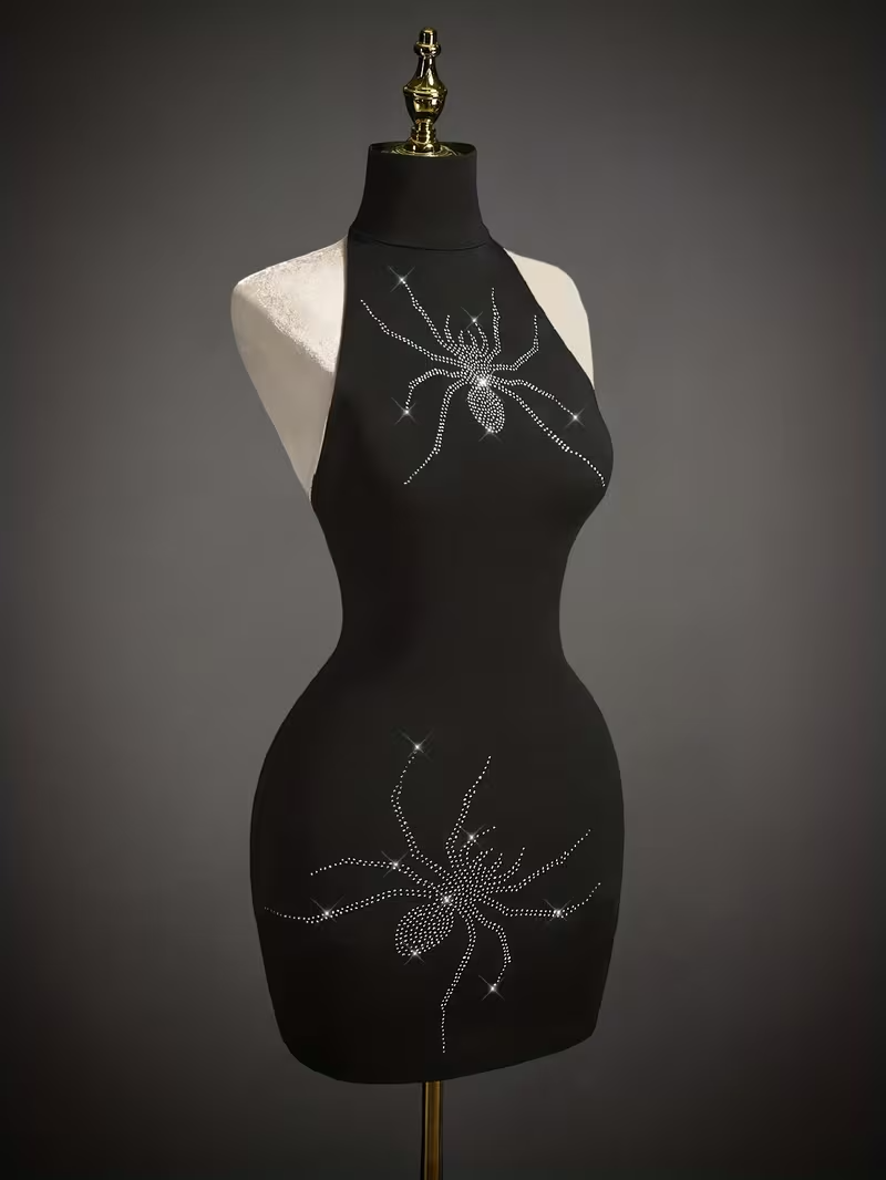 Y2K Rhinestone Backless Halter Neck Mini Dress