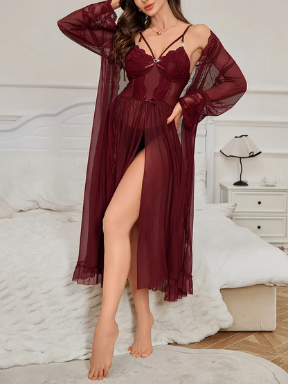 3-Piece Women’s Lace Pajama Set – V-Neck Camisole Dress with Belt