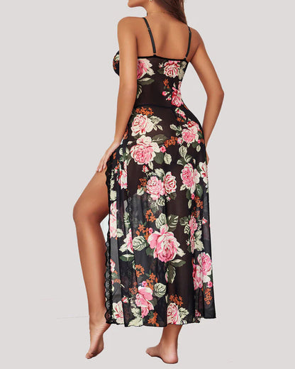 Sexy Suspenders See-Through Lace Mesh Long Slits With Panties Pajamas Set